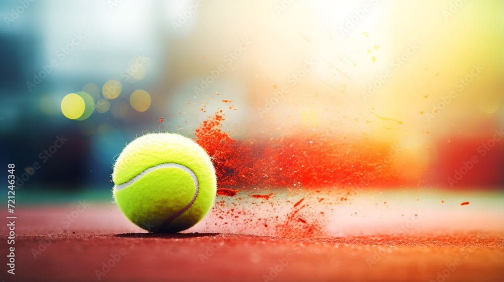 A close-up image of a tennis ball and racket lying on a sunny tennis court