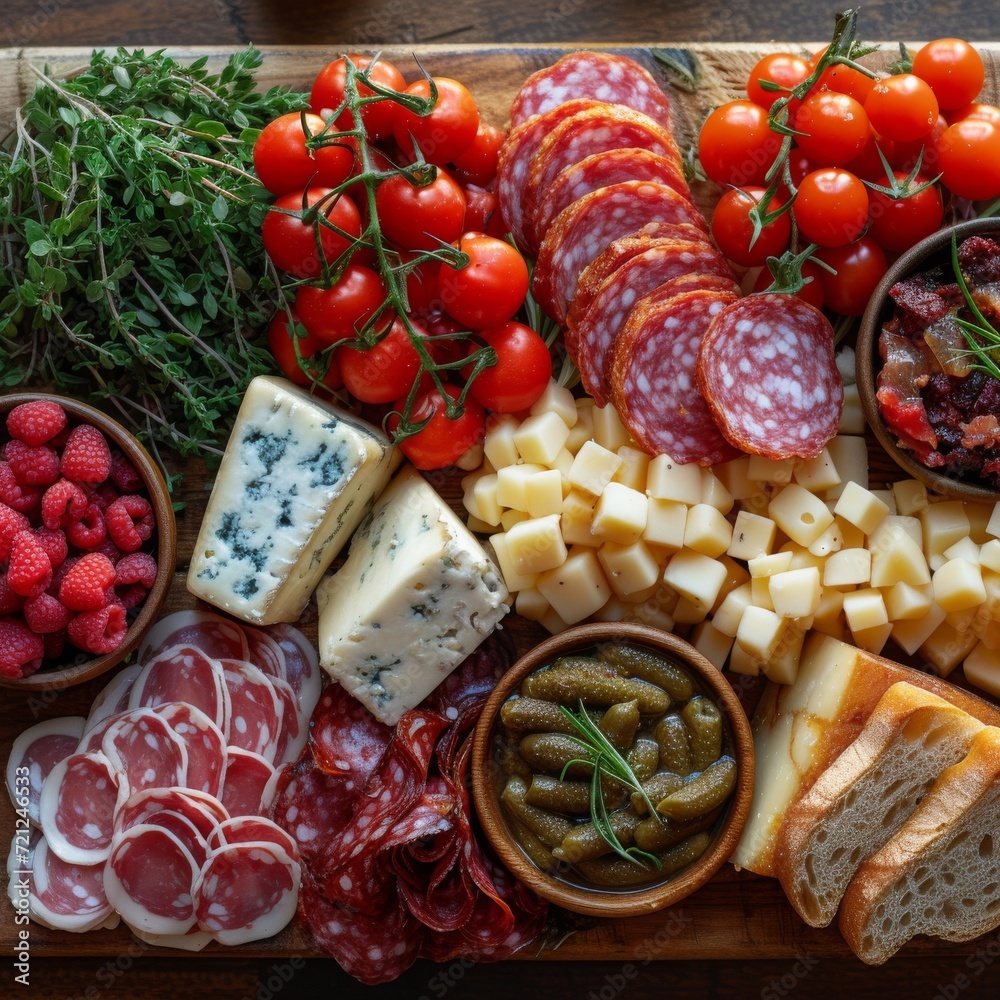 Cheese and Charcuterie Board, An appetizing spread of assorted cheeses, cured meats, and accompaniments on a wooden board