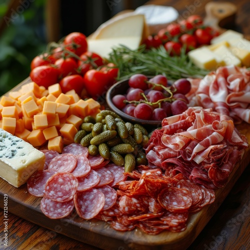 Cheese and Charcuterie Board, An appetizing spread of assorted cheeses, cured meats, and accompaniments on a wooden board