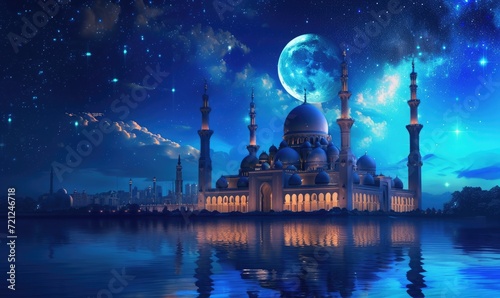 Fotografia A mosque in the night with a moon and stars in the background