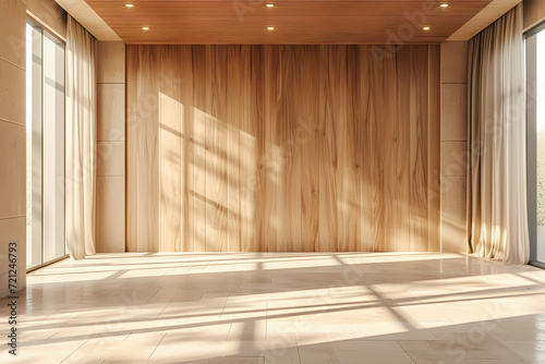 empty room with wooden features  including a door and floor  illuminated by natural light streaming through a window
