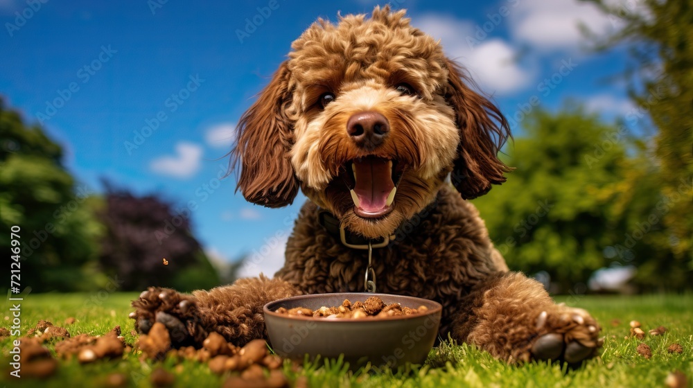 A happy Poodle puppy is eating from a bowl on green grass and blue sky background. he smiles and looks at the camera, food flies around the puppy, a banner with a empty space for the text. A happy Poodle puppy is eating from a bowl on green grass and blue sky background. he smiles and looks at the camera, food flies around the puppy, a banner with a empty space for the text.