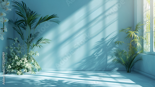 Abstract gradient blue studio background for product presentation. Empty room with shadows of window and flowers and palm leaves . 3d room with copy space. Summer concert. generative ai