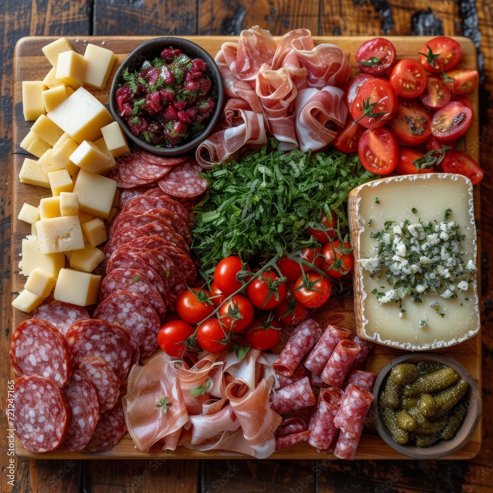 Cheese and Charcuterie Board, An appetizing spread of assorted cheeses, cured meats, and accompaniments on a wooden board Cheese and Charcuterie Board, An appetizing spread of assorted cheeses, cured meats, and accompaniments on a wooden board