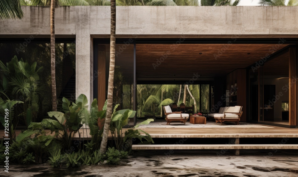 Luxury isolated beach house surrounded by jungle plants, living room with open walls leading to the beach, open space