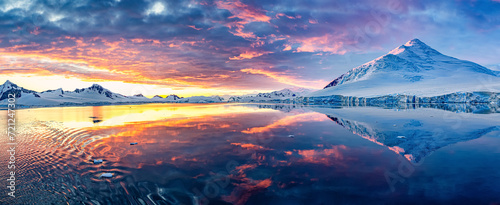 Panorama in very high detail of beautiful Antarctica landscape, mountains next to the sea with breathtaking reflection during midnight sun, sunset and sunrise in once, in Antarctica