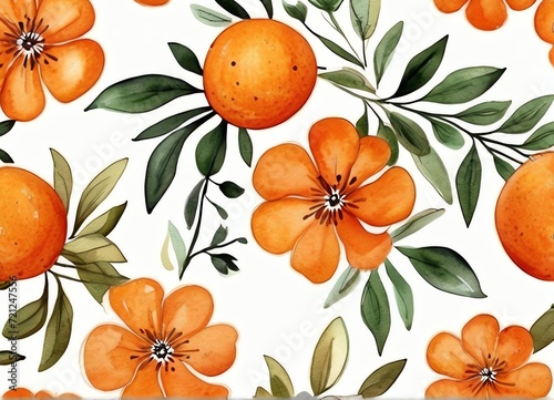 Orange floral background on watercolor simple flowers white background from Generative AI