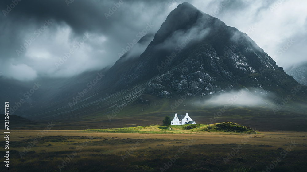 Gray clouds over Glen Coe with lone house standing - obrazy, fototapety, plakaty 