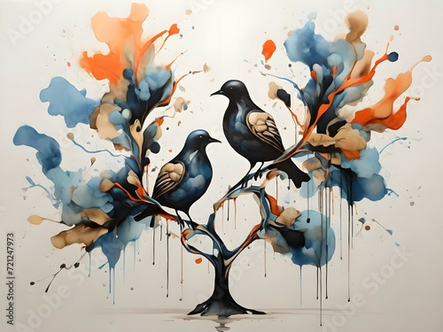 Abstract forms suggest a tree and birds, capturing nature's fluid beauty. 