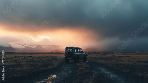 Gray clouds over off road car parked in remote photo