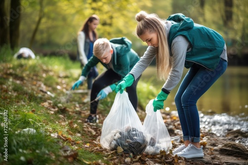 children teenagers cleaning area in park. Volunteering, charity, people, ecology concept. volunteer collecting plastic trash in forest. World clean up day