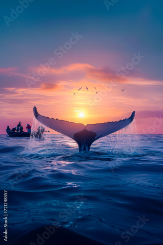 A whale dives in the ocean near a crowd of fishermen, a whale's tail in splashes of water, a bright azure sea at sunset, a World Wildlife Day banner and watching the life of whales © Ed