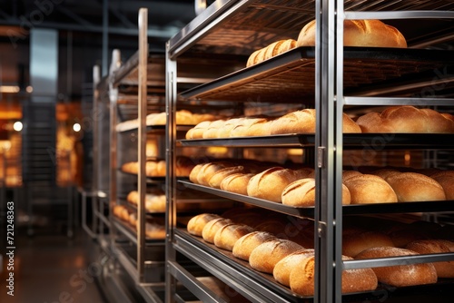 shelves with baked loaves, loaf of bread, baguettes of commercial bakery kitchen. bread baking production manufacture business and modern technology