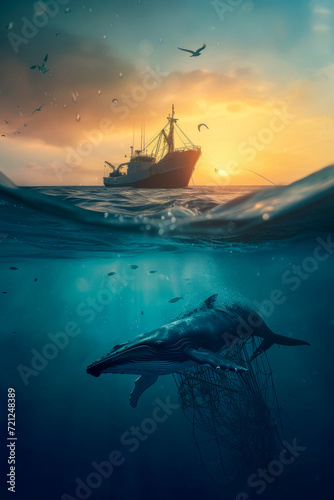 A whale entangled in a fishing net swims under a trawler, rampant fishing for fish and krill, azure sea illuminated by the sun at sunset, banner for World Wildlife Day