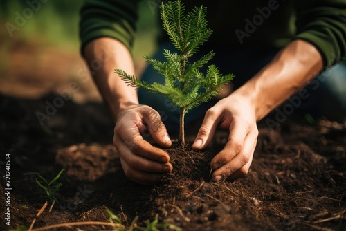 Close up hands planting pine tree seedling in forest. Earth Day save environment concept. renewable resource photo