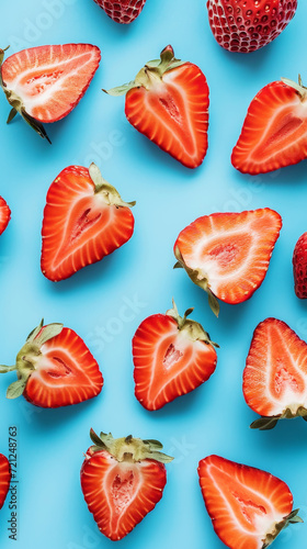 Flat lay of a bright pattern of strawberry halves. Pastel blue background. Minimalist food concept. Generative AI