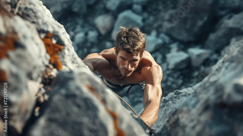 Athlete man climbing the rock. Workout in mountains. © Vika art
