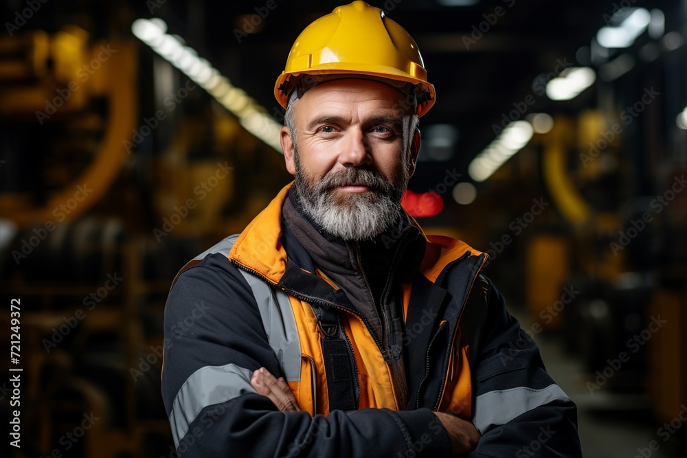 This captivating portrait showcases an industry maintenance engineer, dressed in a sharp uniform and wearing a safety hard hat, positioned at a factory station This captivating portrait showcases an industry maintenance engineer, dressed in a sharp uniform and wearing a safety hard hat, positioned at a factory station