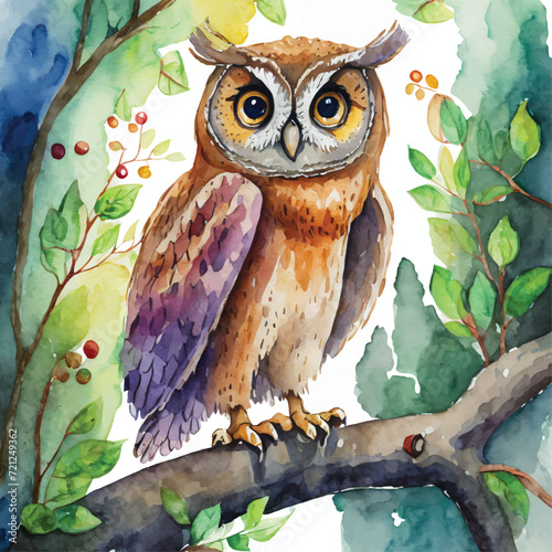 watercolor illustration, Cute owl with watercolor effect, owl drawn on colourful background. beautiful owls with paint photo