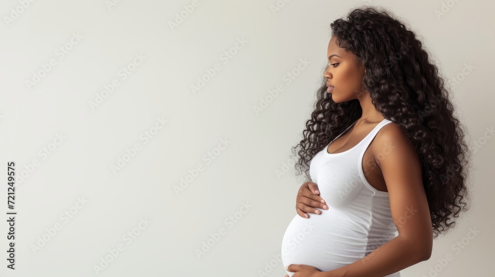pregnant black woman in a white T-shirt holds hands on big belly , Pregnancy, maternity, preparation and expectation, copyspace for text - obrazy, fototapety, plakaty 