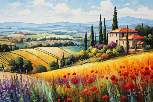 Tuscany oil painting with fields, meadows, cypress trees and houses on the hills