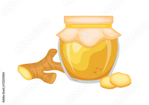 Ginger jam in glass jar and fresh ginger root vector illustration. Glass of ginger marmalade design element. Ginger jam jar icon set isolated on a white background