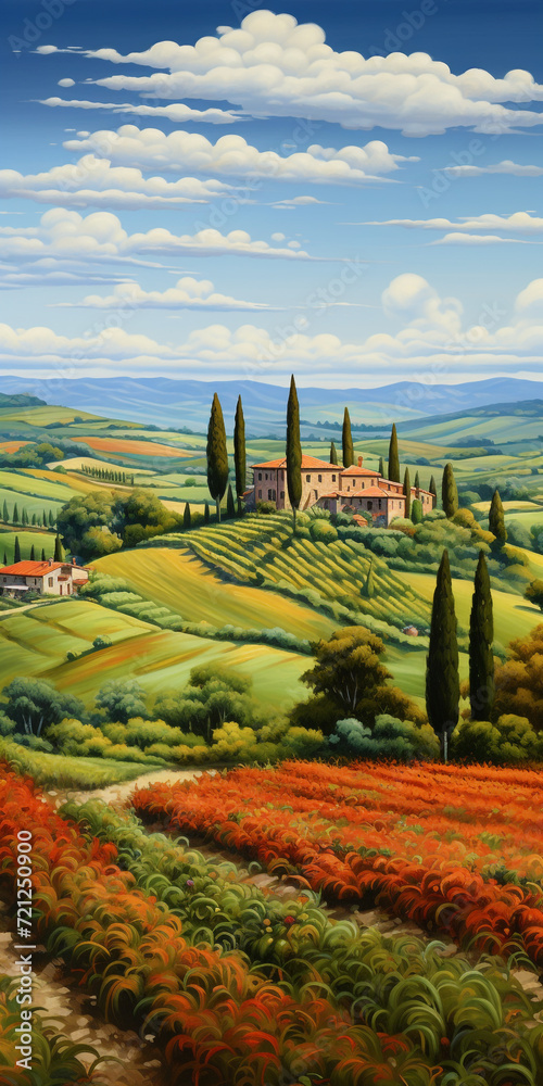 Tuscany oil painting with fields, meadows, cypress trees and houses on the hills