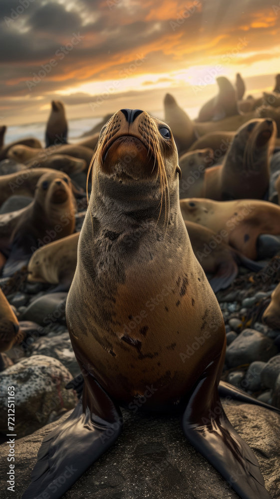 Fototapeta premium sea lion on north island beach background, beautiful sunset, natural habitat, World Wildlife Day concept