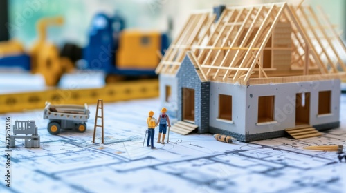Constructing a house based on blueprints, involving construction workers - a building project with little worker figurine photo