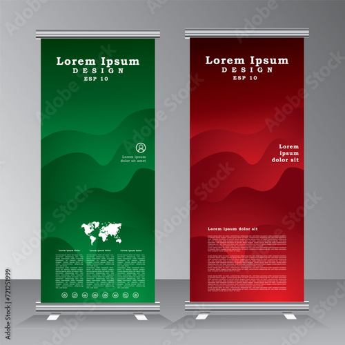 Roll Up Banner template and info graphics, stand design, advertisement, display, business flyer, vector illustration, pull up vertical banner template, red and green roll up banner,
