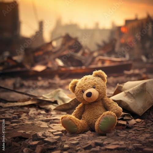 lonely teddy bear on the street full of ruins and debris