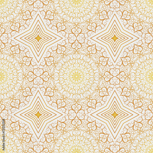 Vector geometric seamless festive pattern with golden mandalas and stars on a white background