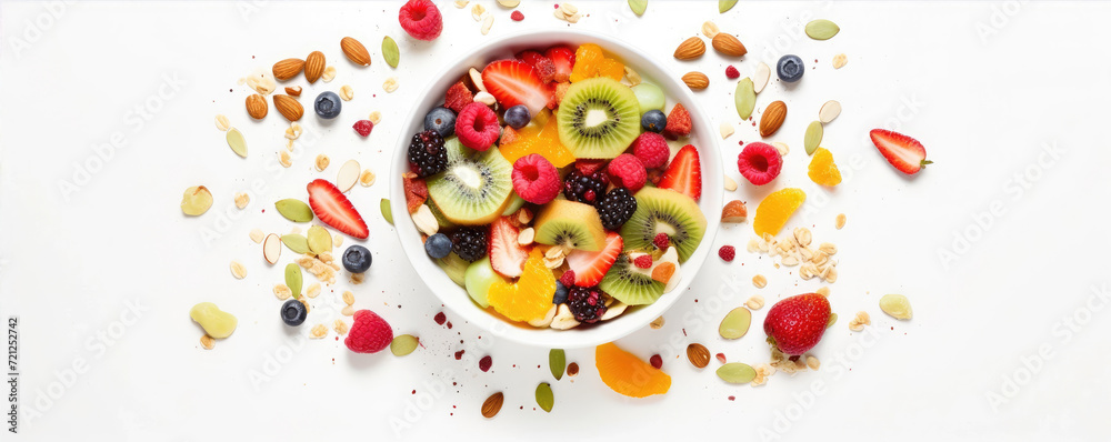 Top view photo of mix of fresh fruit and nuts on white background, healthy food concept