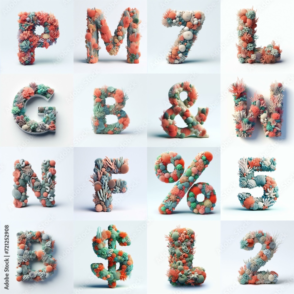 Lettering typography shape blends corals with marine flora. AI generated illustration