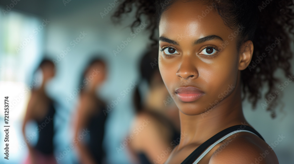 Young African American woman in a gym, looking at the camera