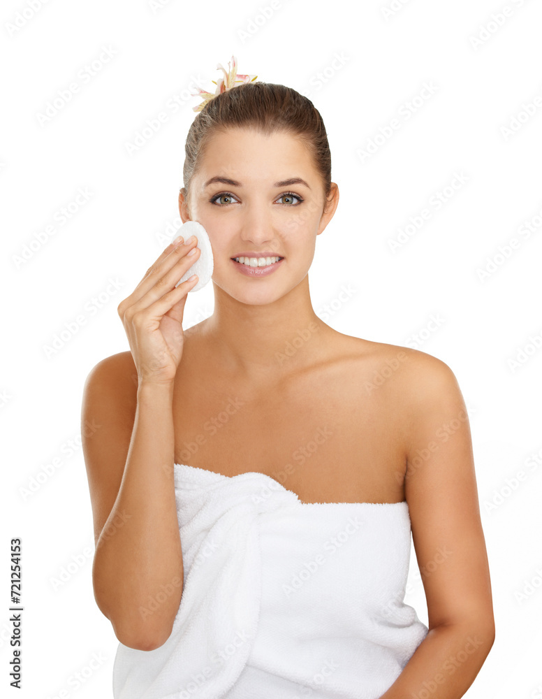 Skincare, portrait or woman with cotton pad in studio for wellness, shine or glow on white background. Cleaning, face or model with facial swab for makeup, removal to after shower toner application