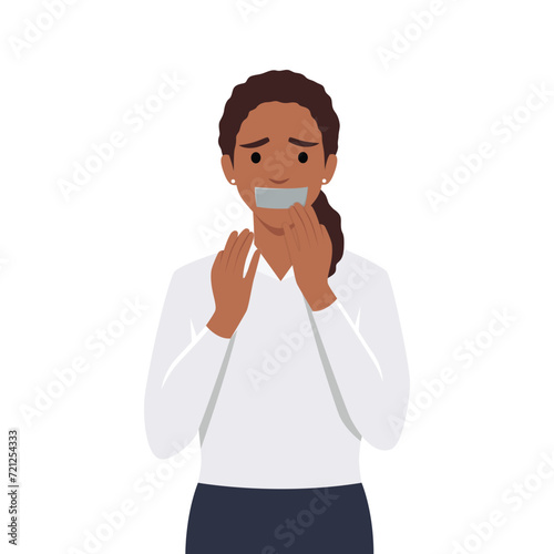 Young woman silenced with mouth covered with grey tape. Flat vector illustration isolated on white background
