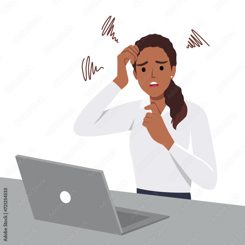 Young business woman with anxious face with the work she is doing on a laptop. Flat vector illustration isolated on white background Young business woman with anxious face with the work she is doing on a laptop. Flat vector illustration isolated on white background