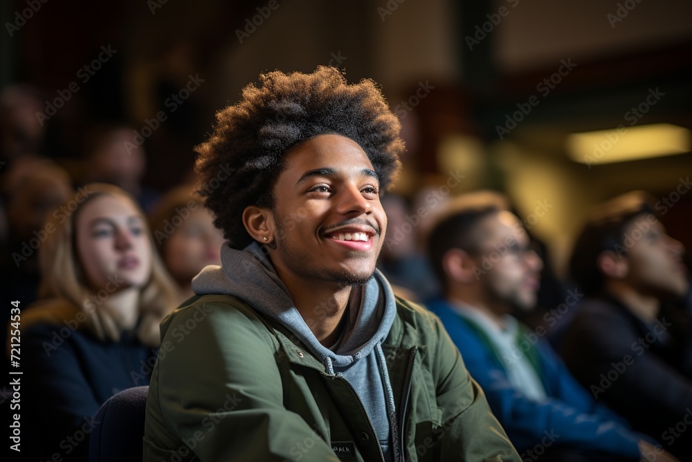 In this vibrant image, a confident black university student is captured in a brightly lit classroom, actively participating in a lecture