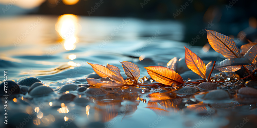 leaves on sea surface at sunset