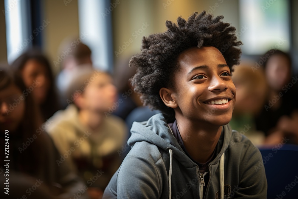In this vibrant image, a confident black university student is captured in a brightly lit classroom, actively participating in a lecture In this vibrant image, a confident black university student is captured in a brightly lit classroom, actively participating in a lecture
