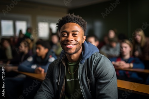 In this vibrant image, a confident black university student is captured in a brightly lit classroom, actively participating in a lecture photo