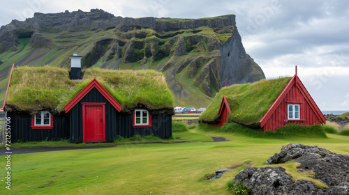 Houses with grass roofs with drangarnir rock