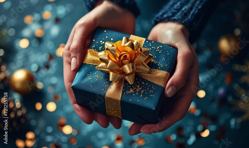 Woman hands holding elegant present gift box with golden ribbon over blue background with confetti. Christmas, New Year, Valentine's Day, Mother day, Father day greeting card. Top, Generative AI © Morningmaze
