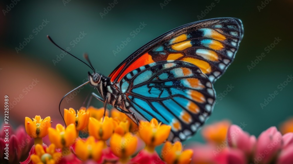 Obraz premium Colorful Butterfly Macro, Close-up of a vibrant butterfly resting on a flower, showcasing intricate details and colors