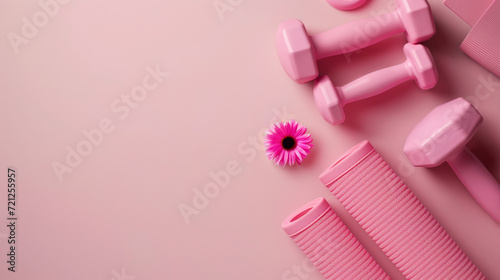 Fitness equipment, monochrome pink objects arranged on soft pink background, including dumbbells, a yoga mat, complemented by a vibrant flower, copy space background, right side composition photo