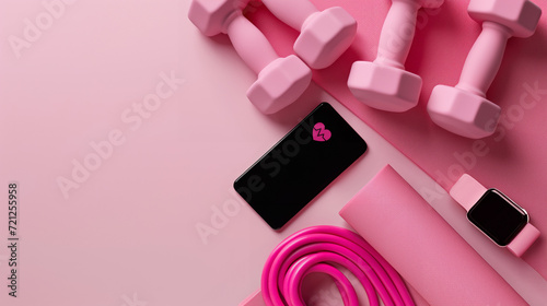 Pink fitness background with dumbbells, yoga mat, smartphone and smartwatch with fitness tracker, monochrome objects arranged in right corner, top view photo, banner or ad template, tools for workout