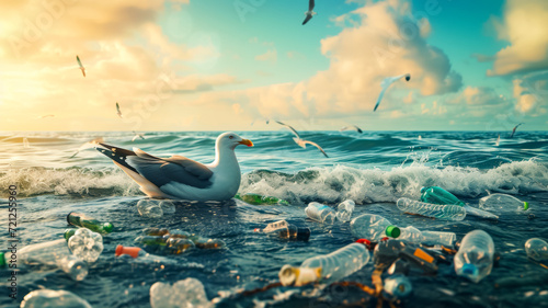 Banner with a seagull swimming in the sea among garbage and plastic bottles, close-up of a bird, banner of World Wildlife and Ecology Day © Ed