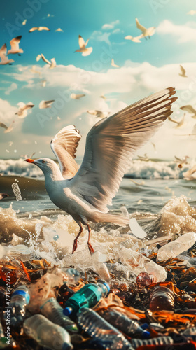 A seagull with its wings spread for takeoff over a sea littered with plastic bottles and garbage, pollution of the world\'s oceans, a vertical banner for World Wildlife and Ecology Day