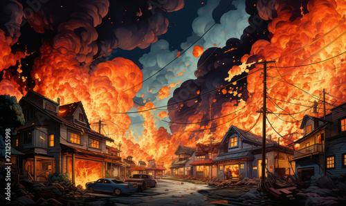 Inferno: A Fiery Destruction of a Wooden House in the City.